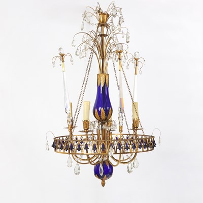 Lot 189 - Baltic Neoclassical Cut Glass and Blue Glass-Mounted Four-Light Chandelier