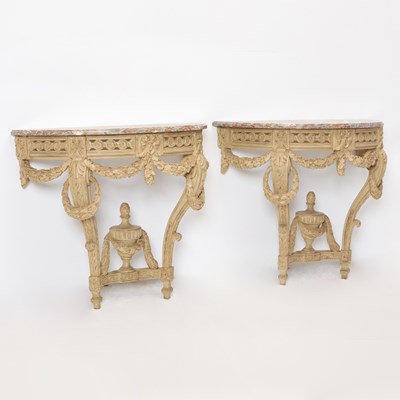 Lot 142 - Pair of French Louis XVI Style Grey-Painted Console Tables