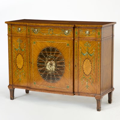 Lot 191 - Edwardian Calamander, Tulipwood Inlaid and Polychrome Painted Satinwood Breakfront Side Cabinet