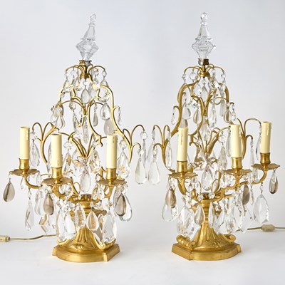 Lot 31 - Pair of French Cut-Glass Mounted Gilt-Bronze Three-Light Girandoles