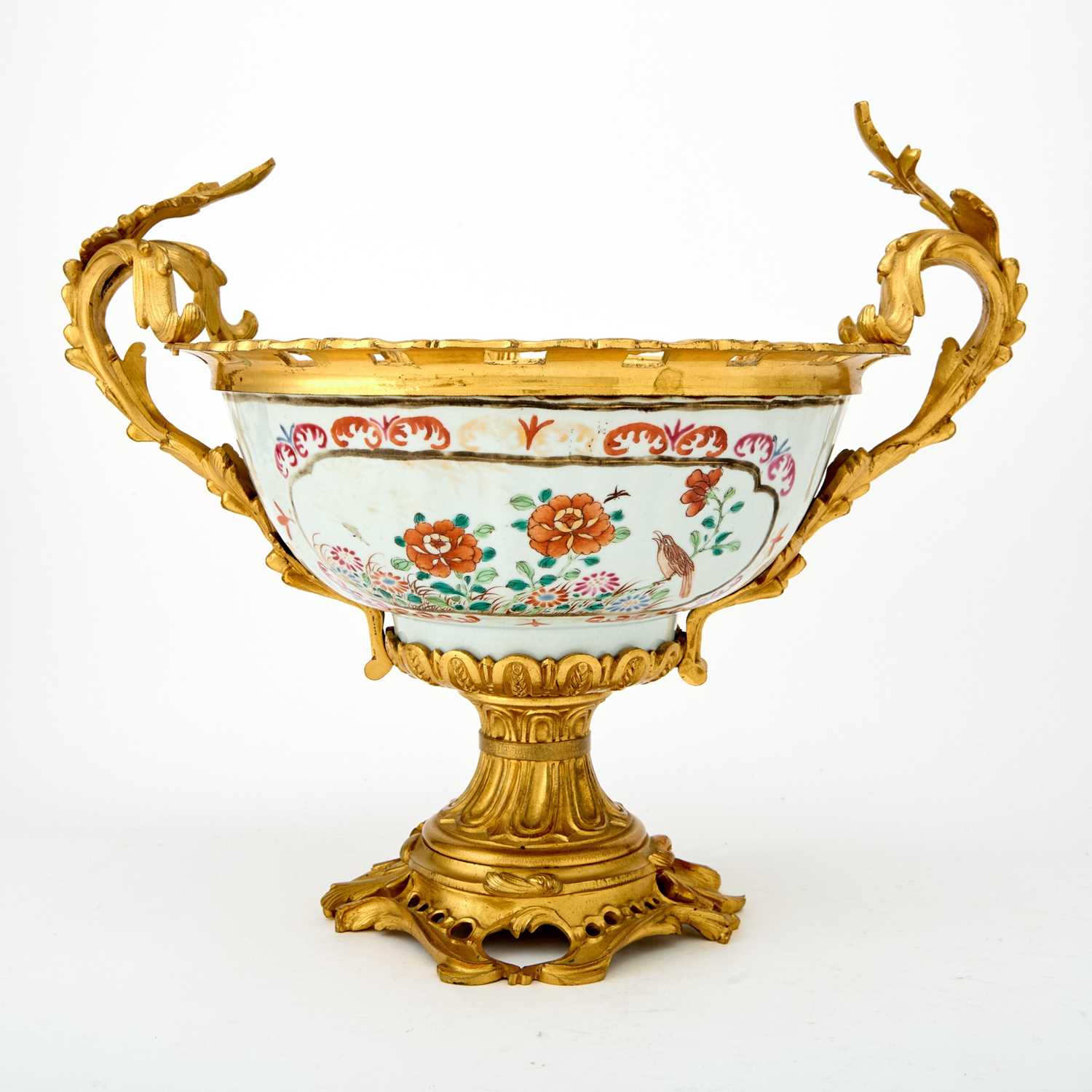 Lot 21 - Chinese Export Gilt-Bronze Mounted Famille Rose Porcelain Punch Bowl