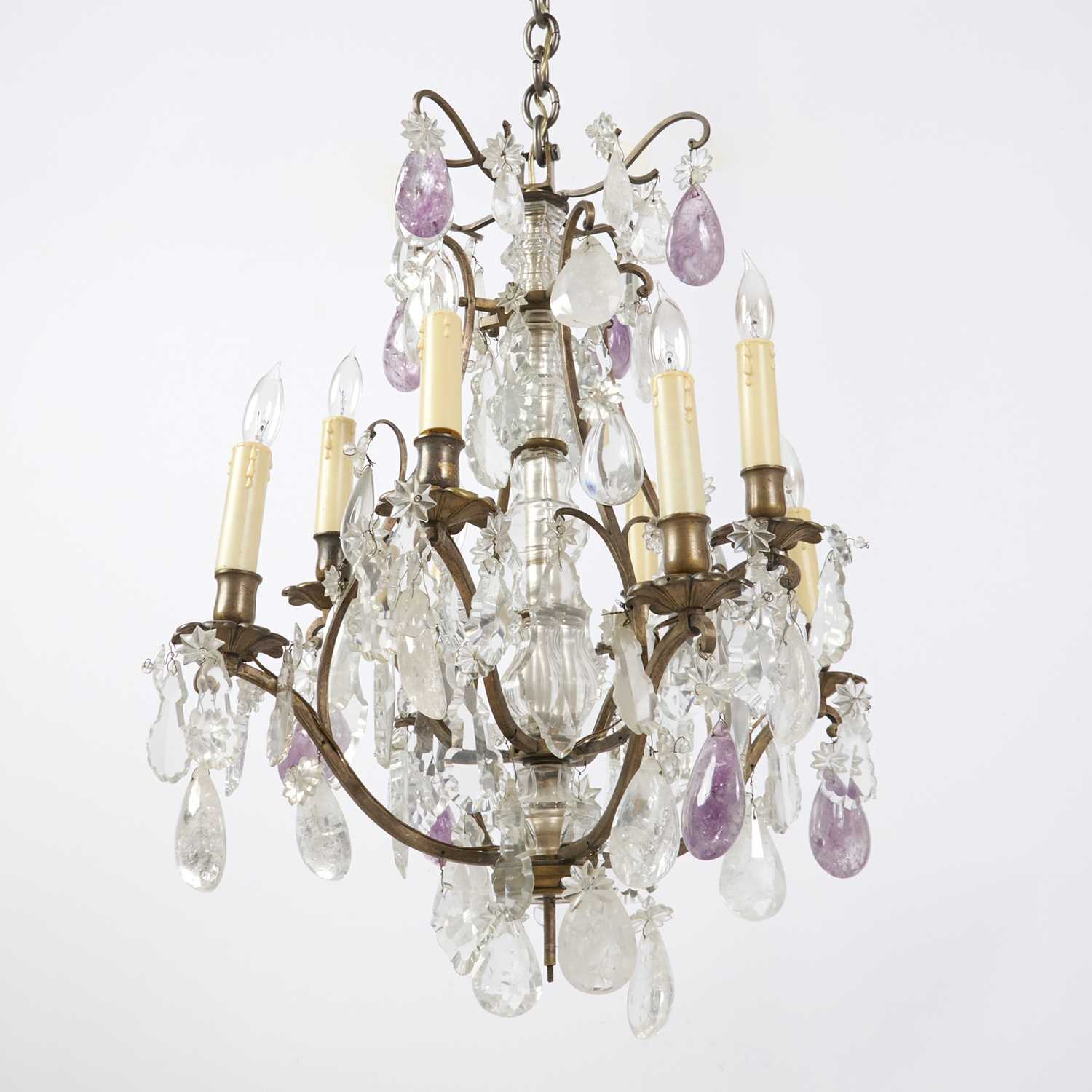 Lot 181 - Louis XV Style Brass, Cut-Glass, Rock Crystal, and Amethyst Eight-Light Chandelier