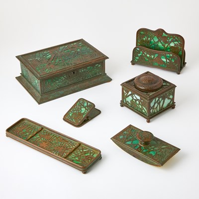 Lot 176 - Group of Tiffany Studios Etched Metal and Favrile Glass Desk Articles