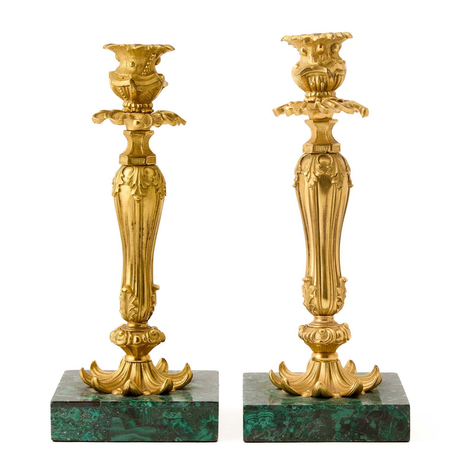 Lot A Pair of Russian Ormolu and Malachite Candlesticks