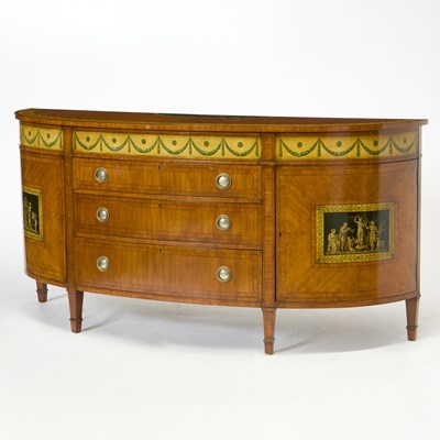 Lot 193 - George III Style Painted Polychrome Painted Satinwood Inlaid Demi-Lune Commode