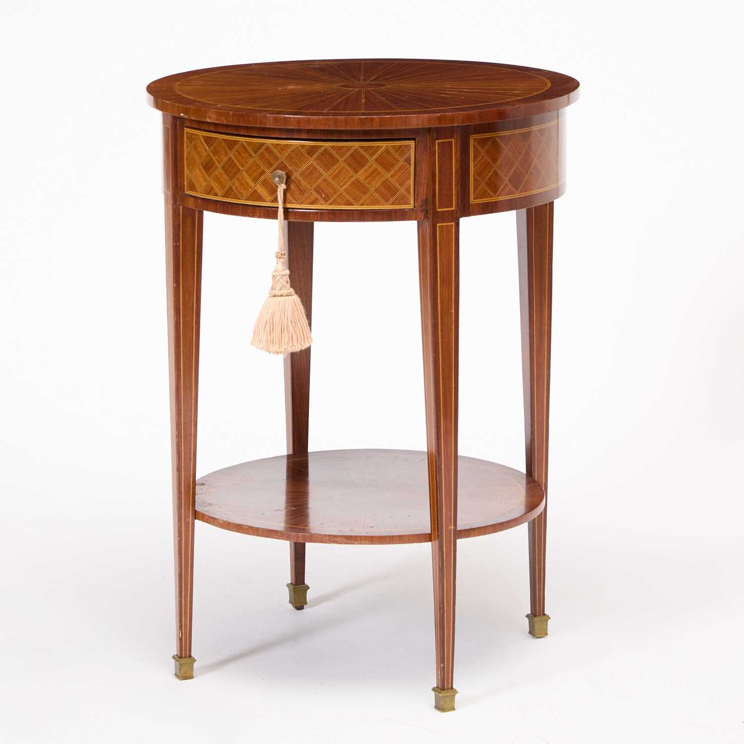 Lot 75 - Louis XVI Style Tulipwood, Mahogany and Parquetry Center Table