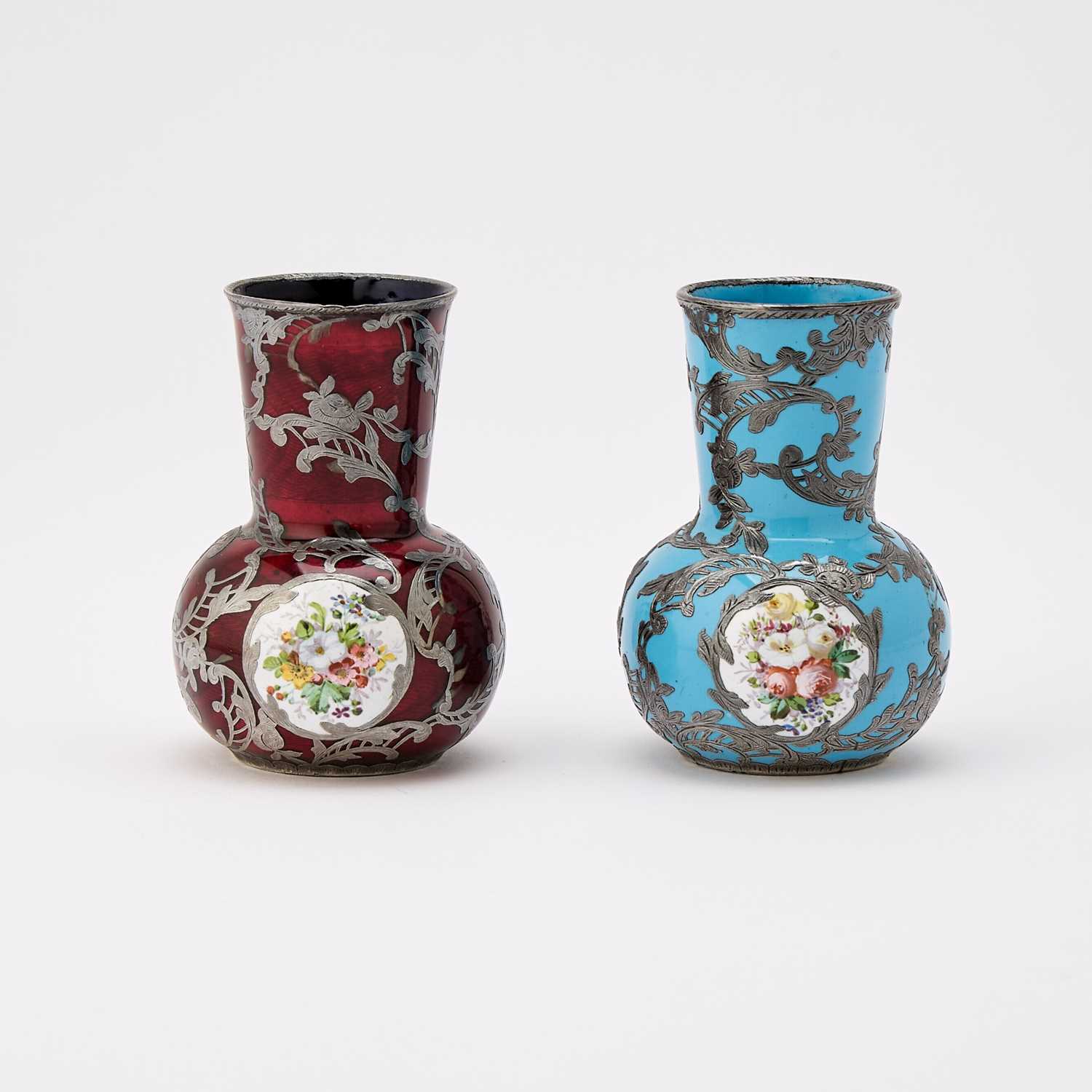 Lot 25 - Assembled Pair of Viennese Silver-Inlaid Enamel Vases
