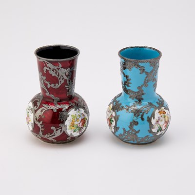 Lot 25 - Assembled Pair of Viennese Silver-Inlaid Enamel Vases