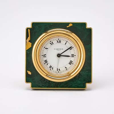 Lot 180 - Cartier Brass and Green Enamel Alarm Desk Clock