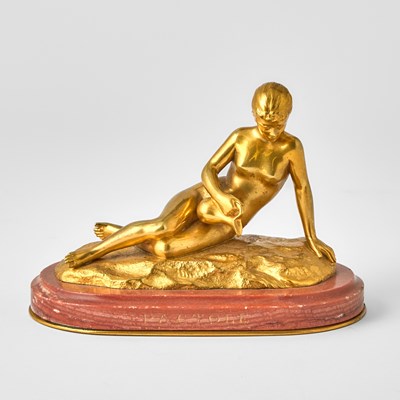 Lot 174 - French Gilt-Bronze Model of a Reclining Female Nude on Red Marble Plinth