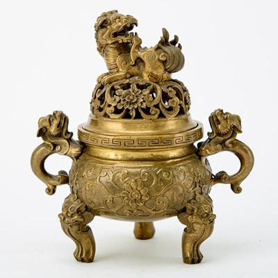 Lot 147 - Chinese Gilt Bronze Tripod Censer and Cover