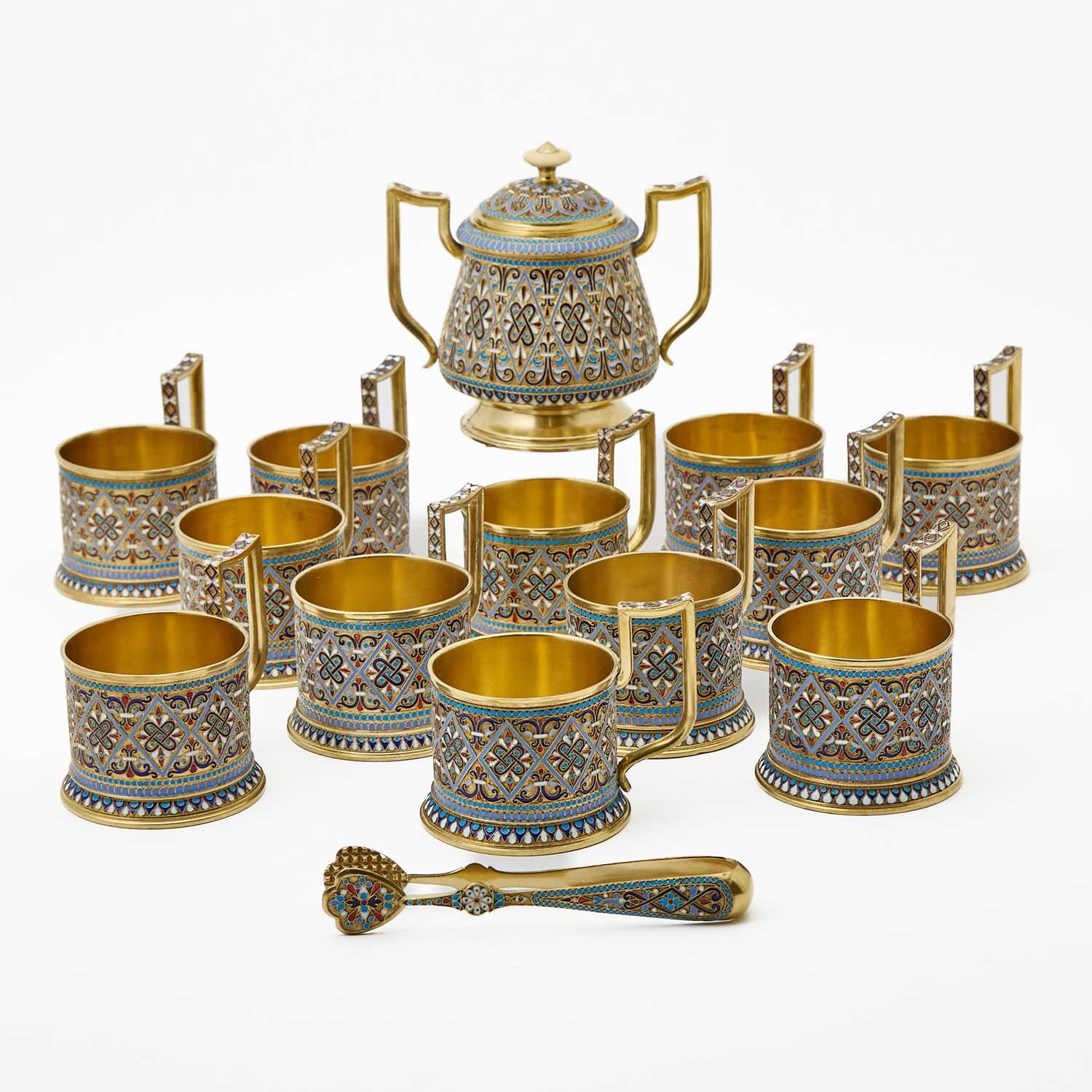 Lot 153 - Russian Silver-Gilt and Cloisonné Enamel Partial Tea Service