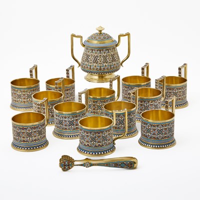 Lot 153 - Russian Silver-Gilt and Cloisonné Enamel Partial Tea Service