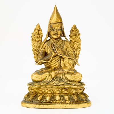 Lot 52 - A Sino-Tibetan Gilt Bronze Figure of Tsongkhapa