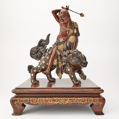 Lot A Large and Exceptional Japanese Parcel Gilt Bronze Censer of an Arhat Seated on a Shishi