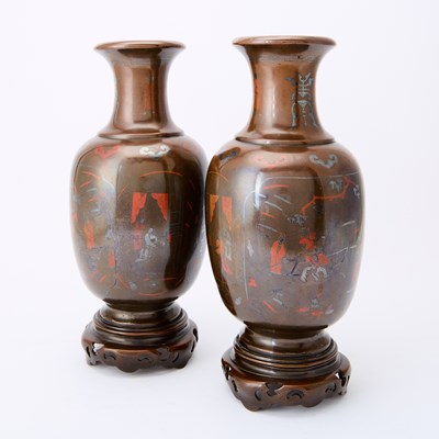 Lot 18 - A Pair of Sino-Vietnamese Silver and Copper-Inlaid Bronze Vases
