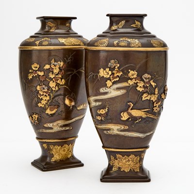 Lot 29 - A Pair of Japanese Parcel Gilt and Patinated Bronze Vases