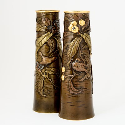 Lot 24 - A Pair of Japanese Mixed Metal and Parcel Gilt Bronze Vases