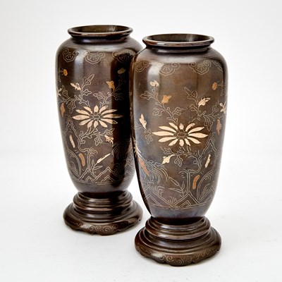 Lot 10 - A Pair of Sino-Vietnamese Silver and Copper-Inlaid Bronze Vases