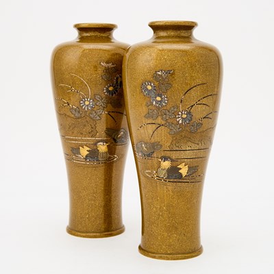 Lot 22 - A Pair of Japanese Patinated Bronze and Mixed Metal Baluster Vases