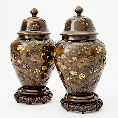 Lot 23 - A Good Pair of Japanese Bronze and Mixed Metal Jars and Covers