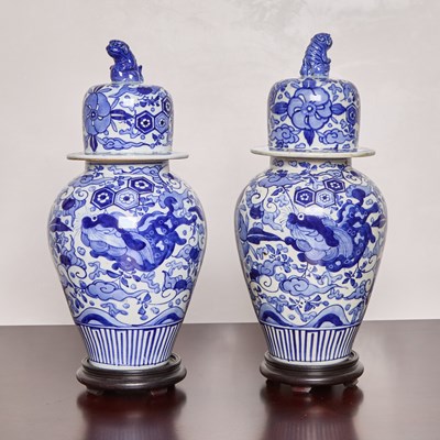 Lot 177 - Pair of Japanese Blue and White Porcelain Baluster Vases and Covers
