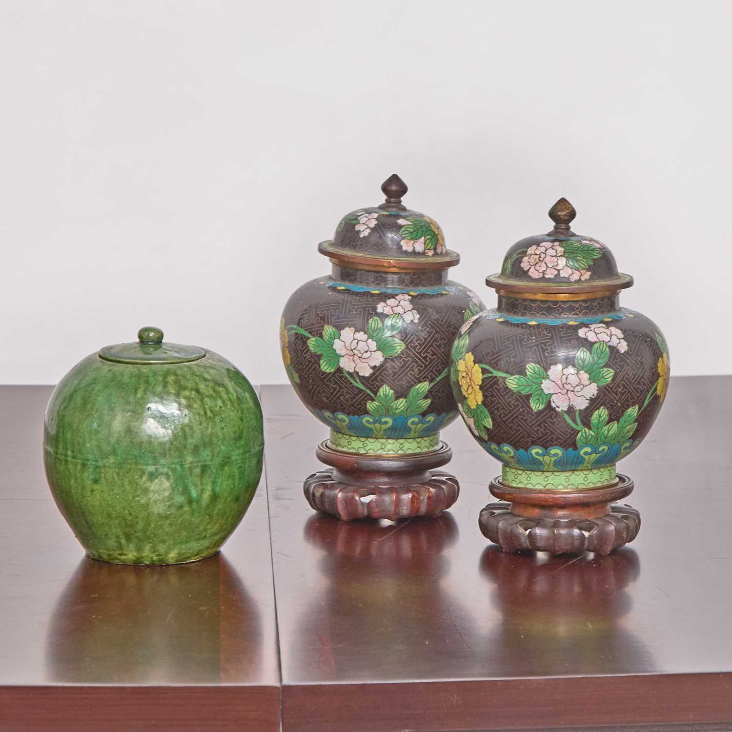 Lot 169 - Pair of Chinese Cloisonné Enamel Jars on Stands