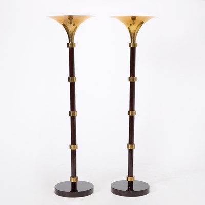 Lot 335 - Pair of Eugene Printz Style Brass and Mahogany Floor Lamps
