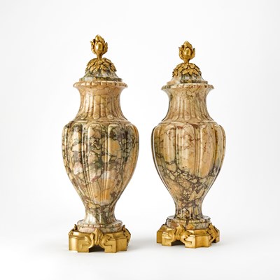 Lot 95 - Pair of Louis XVI Style Gilt-Bronze Mounted Marble Garniture Urns With Covers