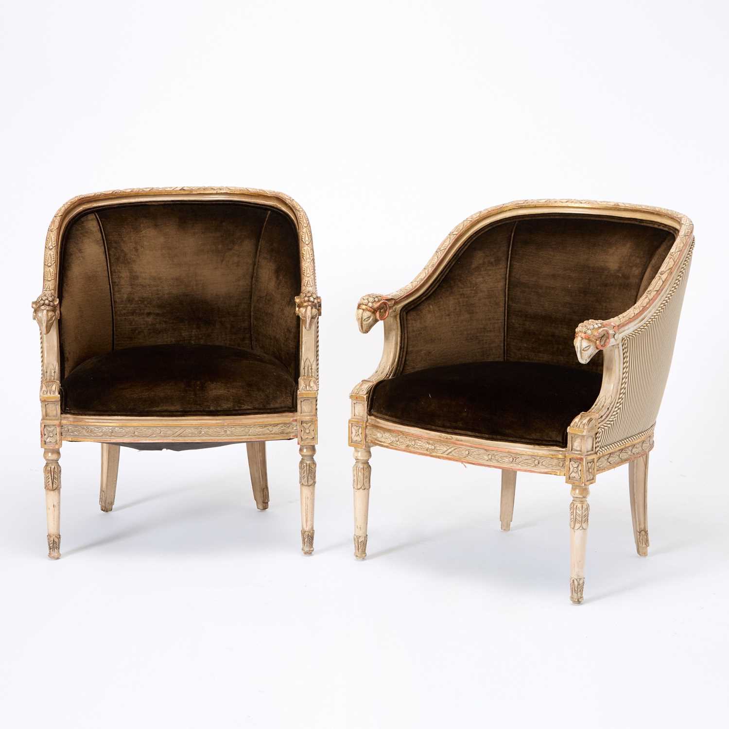 Lot 288 - Pair of Louis XVI Style Bergères with Ram's Head Terminals