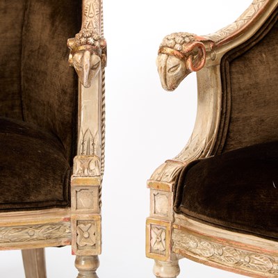 Lot 288 - Pair of Louis XVI Style Bergères with Ram's Head Terminals