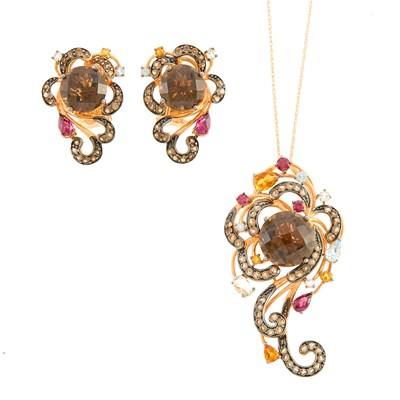 Lot 2274 - LeVian Two-Color Gold, Smoky Quartz and Gem-Set Pendant-Necklace and Pair of Earrings