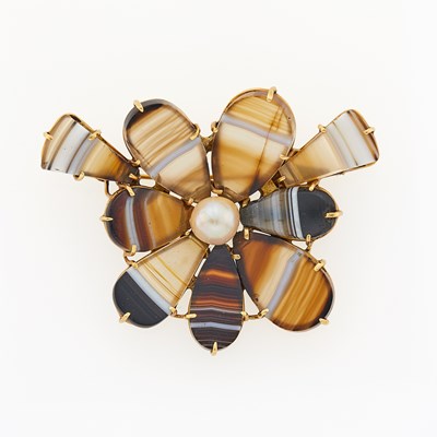 Lot 2215 - Gold, Banded Agate and Cultured Pearl Flower Brooch