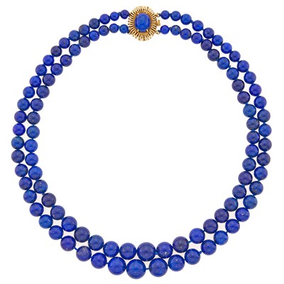 Lot 2281 - Double Strand Lapis Bead Necklace with Gold Clasp