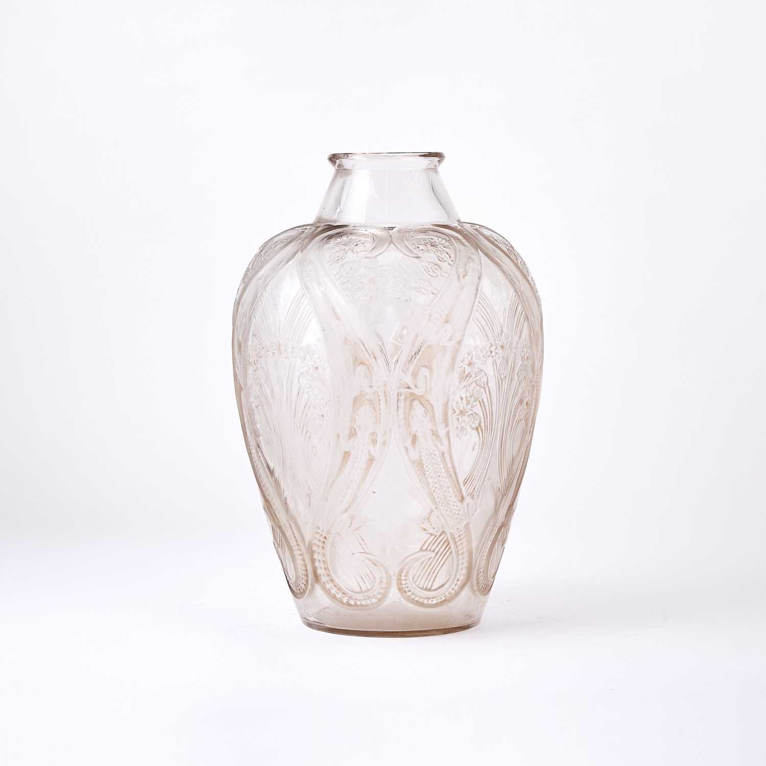 Lot 680 - R. Lalique Molded Glass 'Lezards et Bluets' Vase