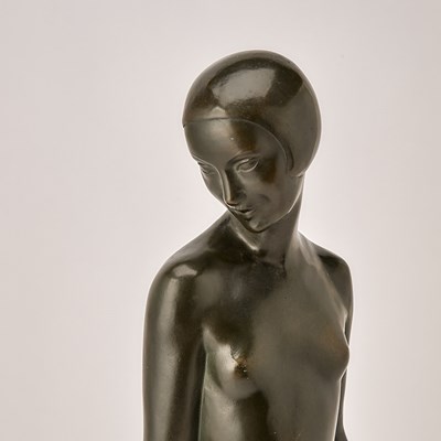 Lot 334 - French Art Deco Dark Green Patinated Bronze Figure of a Young Woman Entitled 'Odalisque'