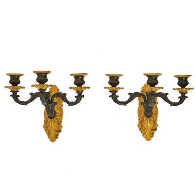 Lot 390 - Pair of Charles X Gilt and Patinated Bronze Three-Branch Wall-Lights