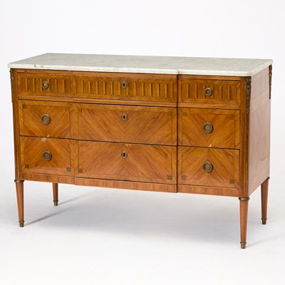 Lot 235 - Louis XVI Style Marble Top Inlaid Tulipwood Chest