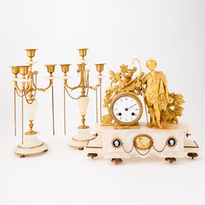 Lot 311 - French Gilt Metal and Alabaster Three Piece Clock Garniture