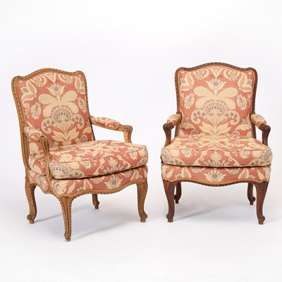 Lot Pair of Louis XV Style Carved Walnut Fauteuils