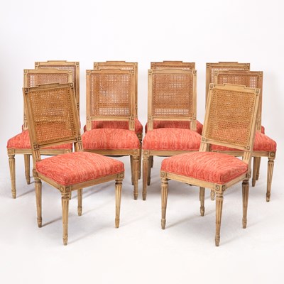 Lot 131 - Set of Eight Louis XVI Style Cane-Back and Upholstered Seat Dining Chairs