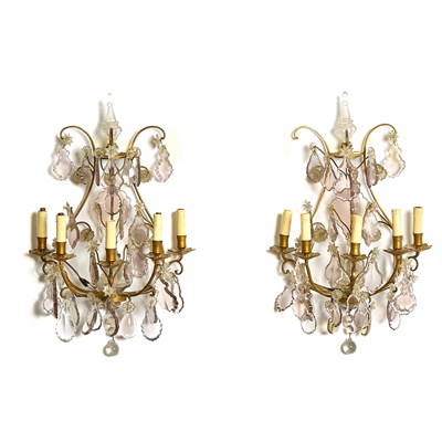 Lot 257 - Pair of Louis XVI Style Lyre-Form Brass and Glass Five-Light Wall Sconces
