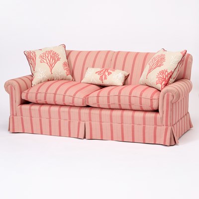 Lot 308 - Upholstered Love Seat and Three Coral Throw Pillows