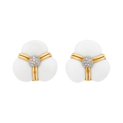 Lot 2017 - Pair of Two-Color Gold, White Onyx and Diamond Earclips