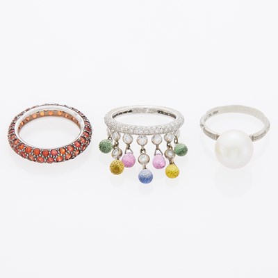 Lot 2241 - Three White and Blackened Gold, Diamond, Colored Stone and Cultured Pearl Rings