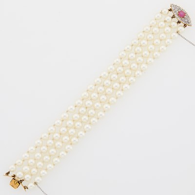 Lot 2224 - Four Strand Cultured Pearl, Star Ruby and Diamond Bracelet