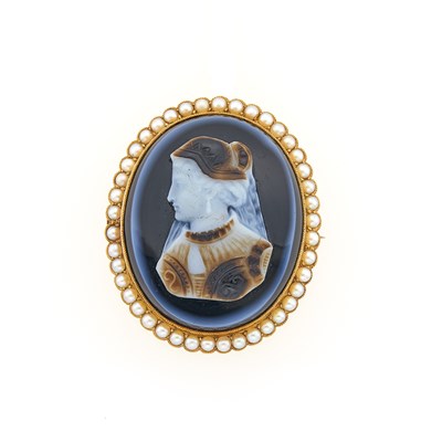 Lot 2167 - Antique Gold, Carved Sardonyx Cameo and Pearl Brooch