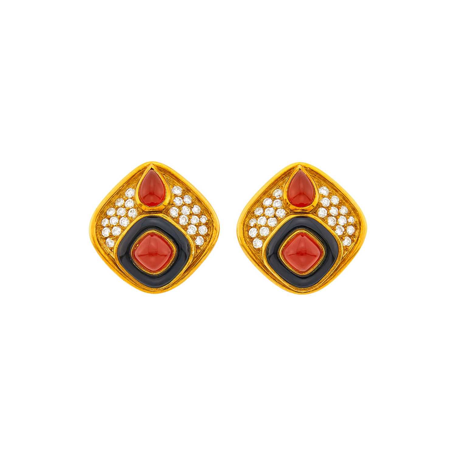 Lot 1010 - Marina B Pair of Gold, Carnelian, Black Onyx and Diamond Earclips, France