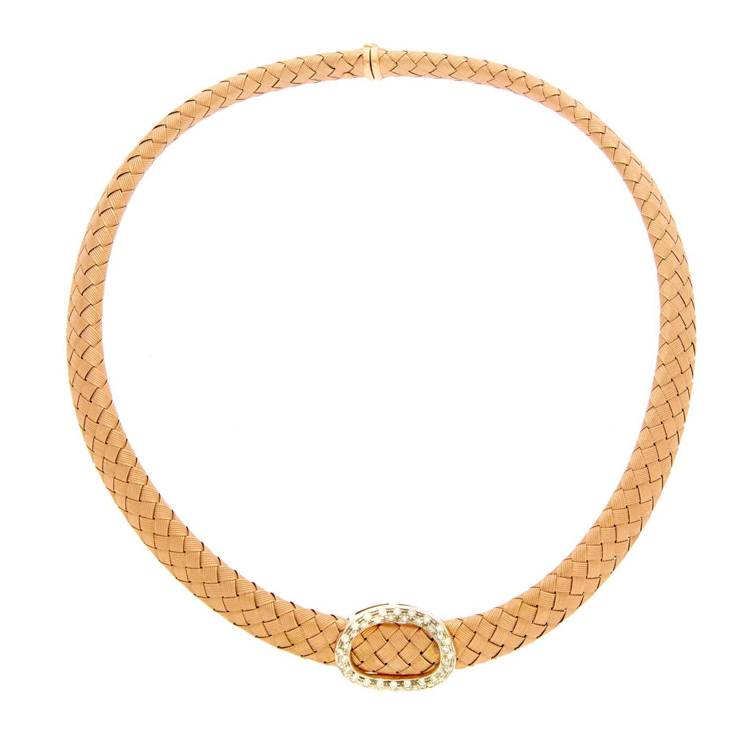 Lot 2061 - Braided Two-Color Gold, Diamond and Cabochon Ruby Necklace