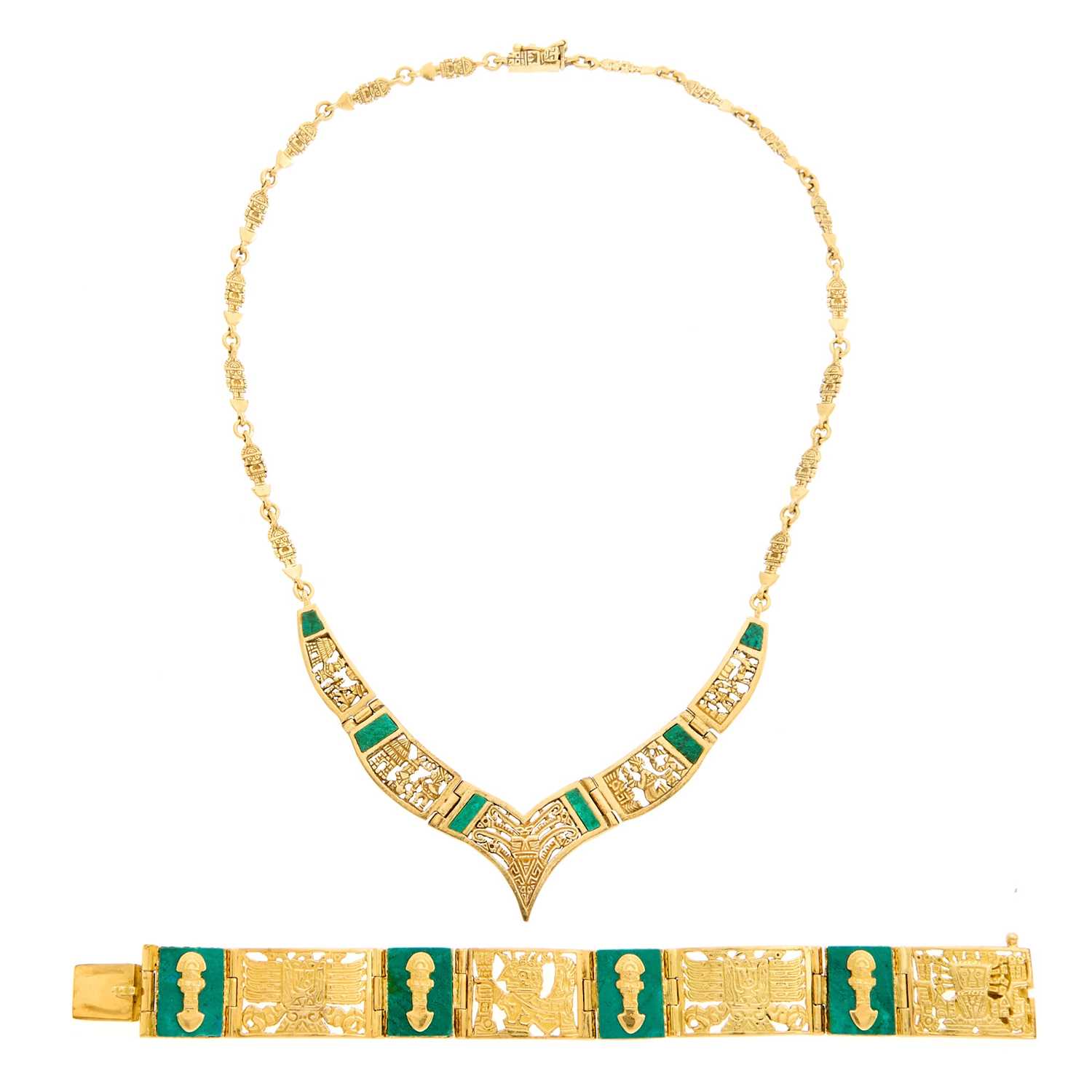 Lot 2089 - Gold and Malachite Peruvian Necklace and Bracelet